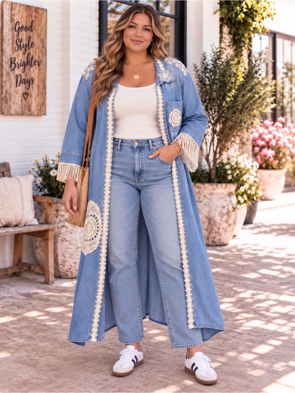 Upscaled Light Blue Denim Crochet-Trim Robe Duster